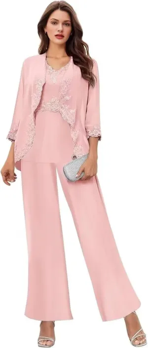 3 Piece Grandmother of The Bride Pantsuits with Sleeves Lace Sequins V Neck Blush Wedding Pant Suits for Women Petite US 2