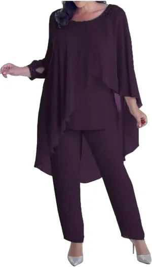 3 Pieces Pant Suits Mother of The Bride Dresses for Wedding Chiffon Beaded Formal Gowns with Sleeves