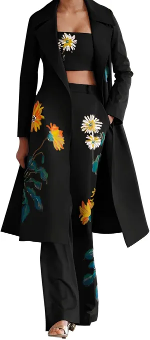 3pcs Women's Elegant Printed Suits Long Sleeve Overcoat & Tube Top & Wide Leg Pants Set for Business Wedding Party
