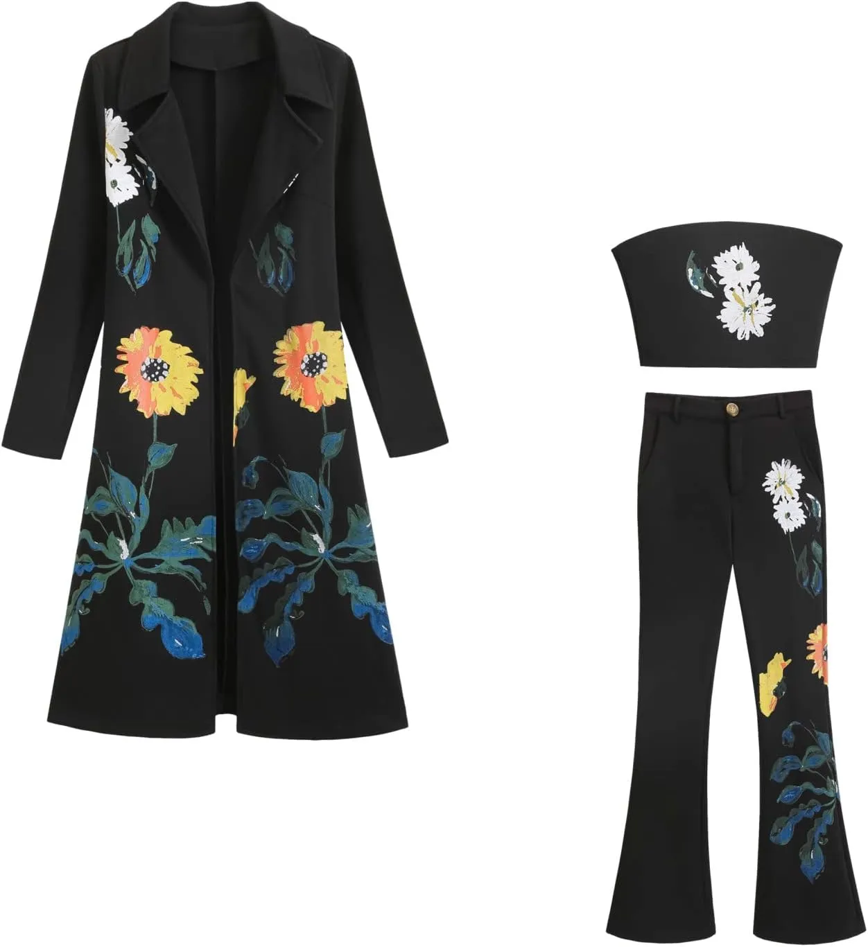 3pcs Women's Elegant Printed Suits Long Sleeve Overcoat & Tube Top & Wide Leg Pants Set for Business Wedding Party