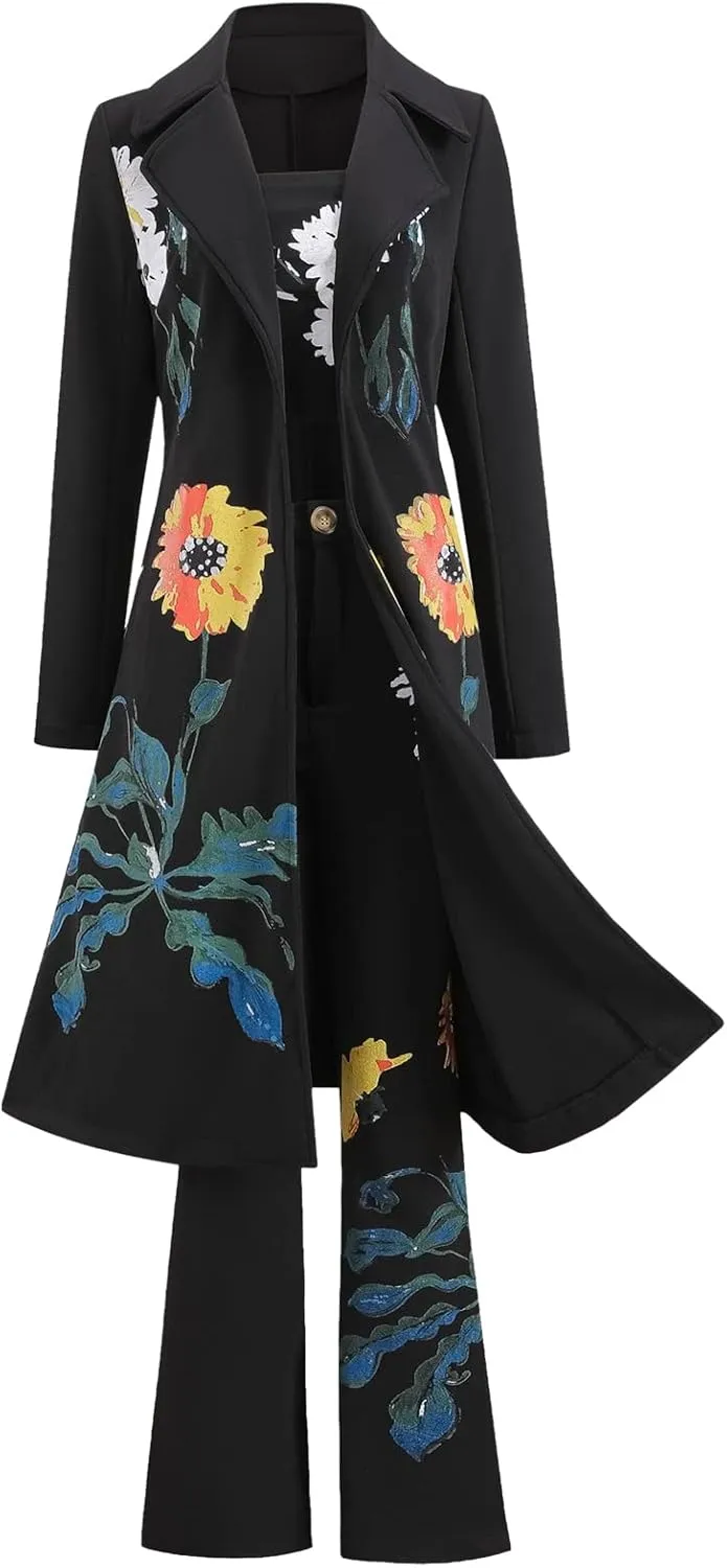3pcs Women's Elegant Printed Suits Long Sleeve Overcoat & Tube Top & Wide Leg Pants Set for Business Wedding Party