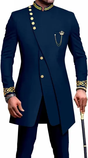 African Suits for Men Slim Fit 2 Piece Suits Formal Wedding Prom Suit Embroidery Chain Blazer Pants Set