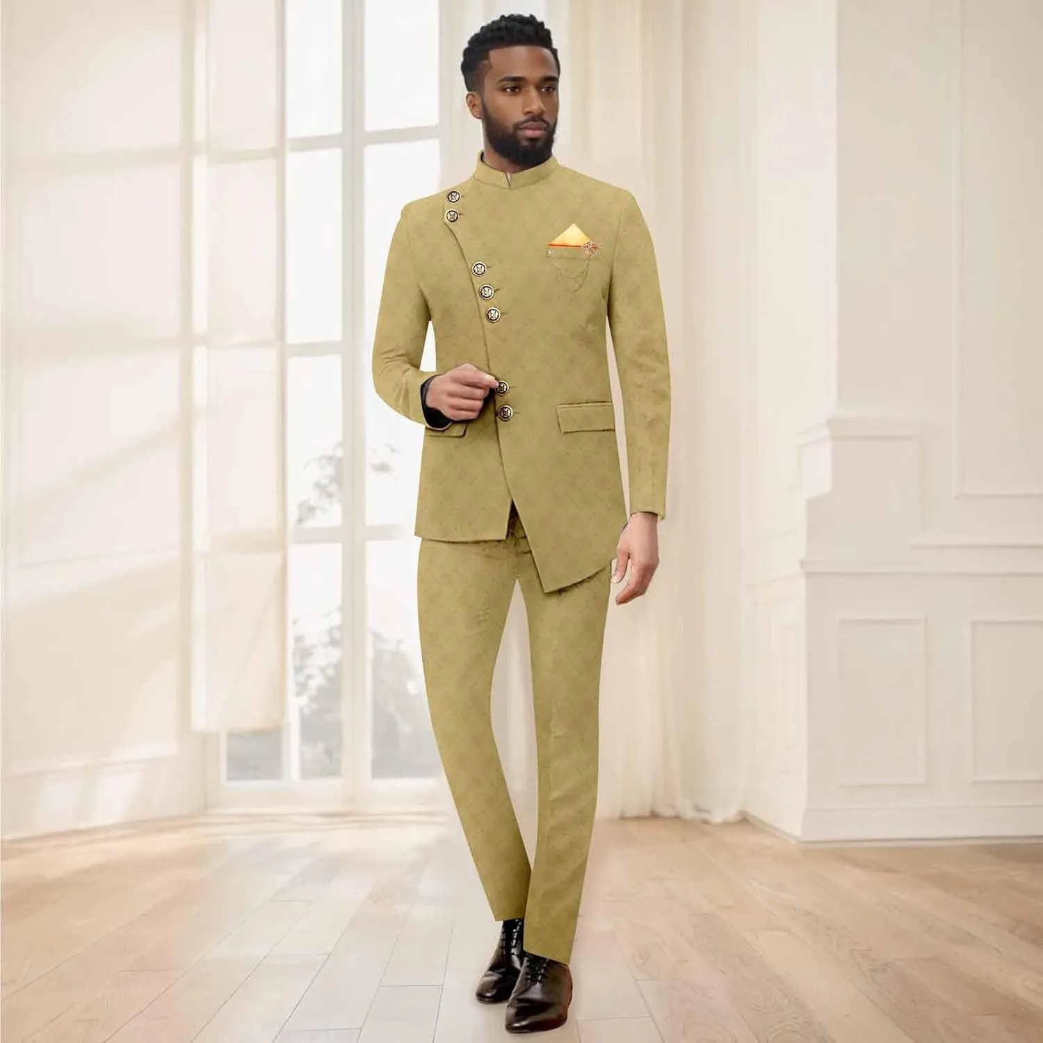 African Suits for Men Slim Fit Single Breasted Brooch Blazer and Pants Set Formal Suit Dashiki Outfits