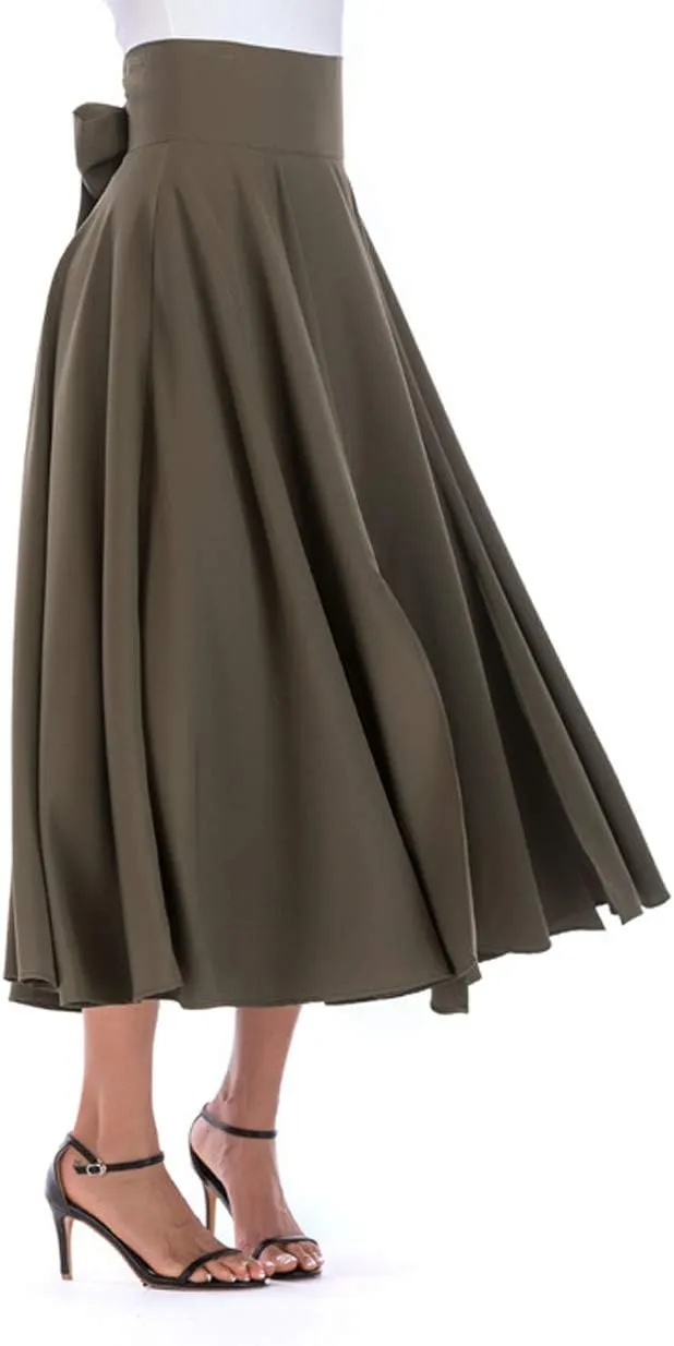 Aivtalk Women High Waist Long Skirt with Slit Pockets Bow Tie Pleated Maxi Skirt