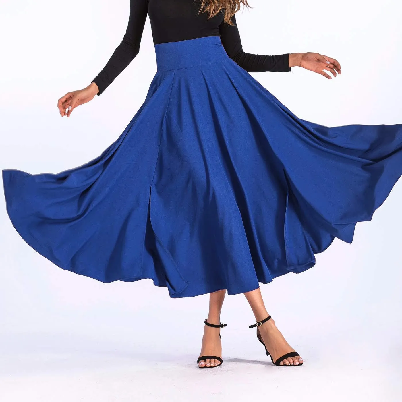 Aivtalk Women High Waist Long Skirt with Slit Pockets Bow Tie Pleated Maxi Skirt