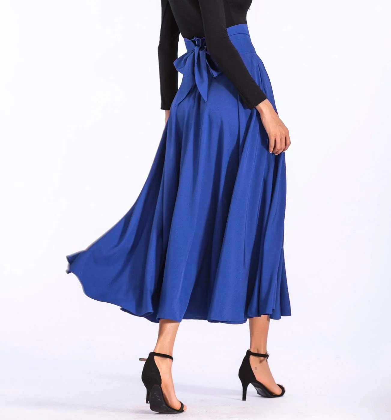 Aivtalk Women High Waist Long Skirt with Slit Pockets Bow Tie Pleated Maxi Skirt