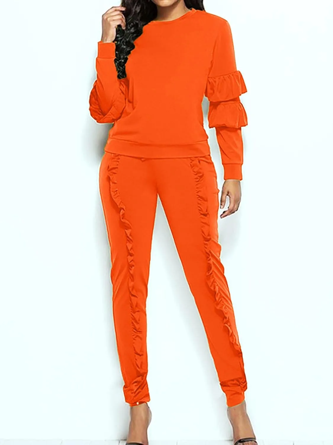 Akmipoem Women's Two Piece Outfits Ruffle Sleeve Sweatshirt and Long Pants Tracksuit Sets