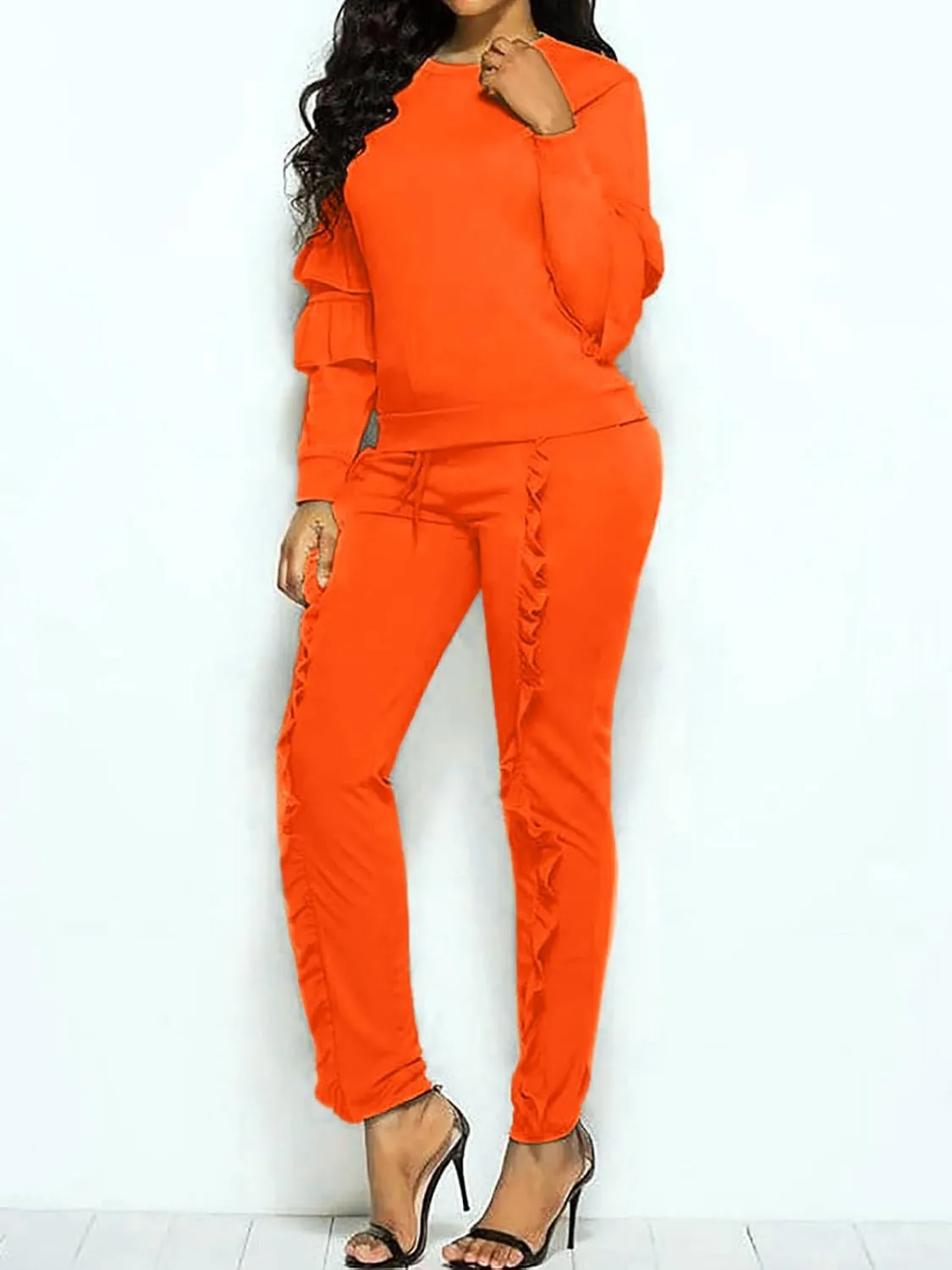 Akmipoem Women's Two Piece Outfits Ruffle Sleeve Sweatshirt and Long Pants Tracksuit Sets