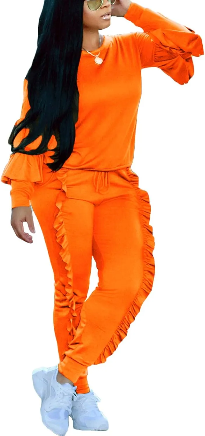 Akmipoem Women's Two Piece Outfits Ruffle Sleeve Sweatshirt and Long Pants Tracksuit Sets