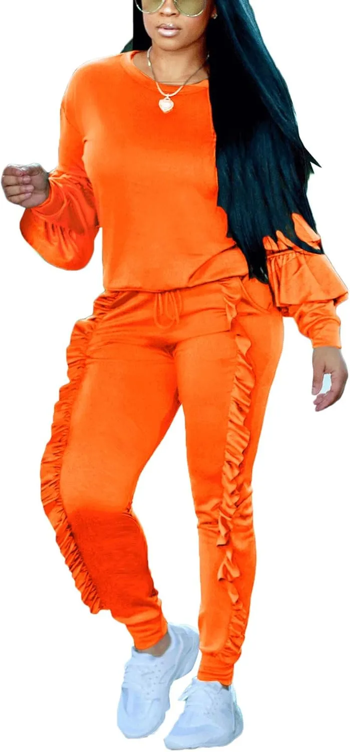 Akmipoem Women's Two Piece Outfits Ruffle Sleeve Sweatshirt and Long Pants Tracksuit Sets