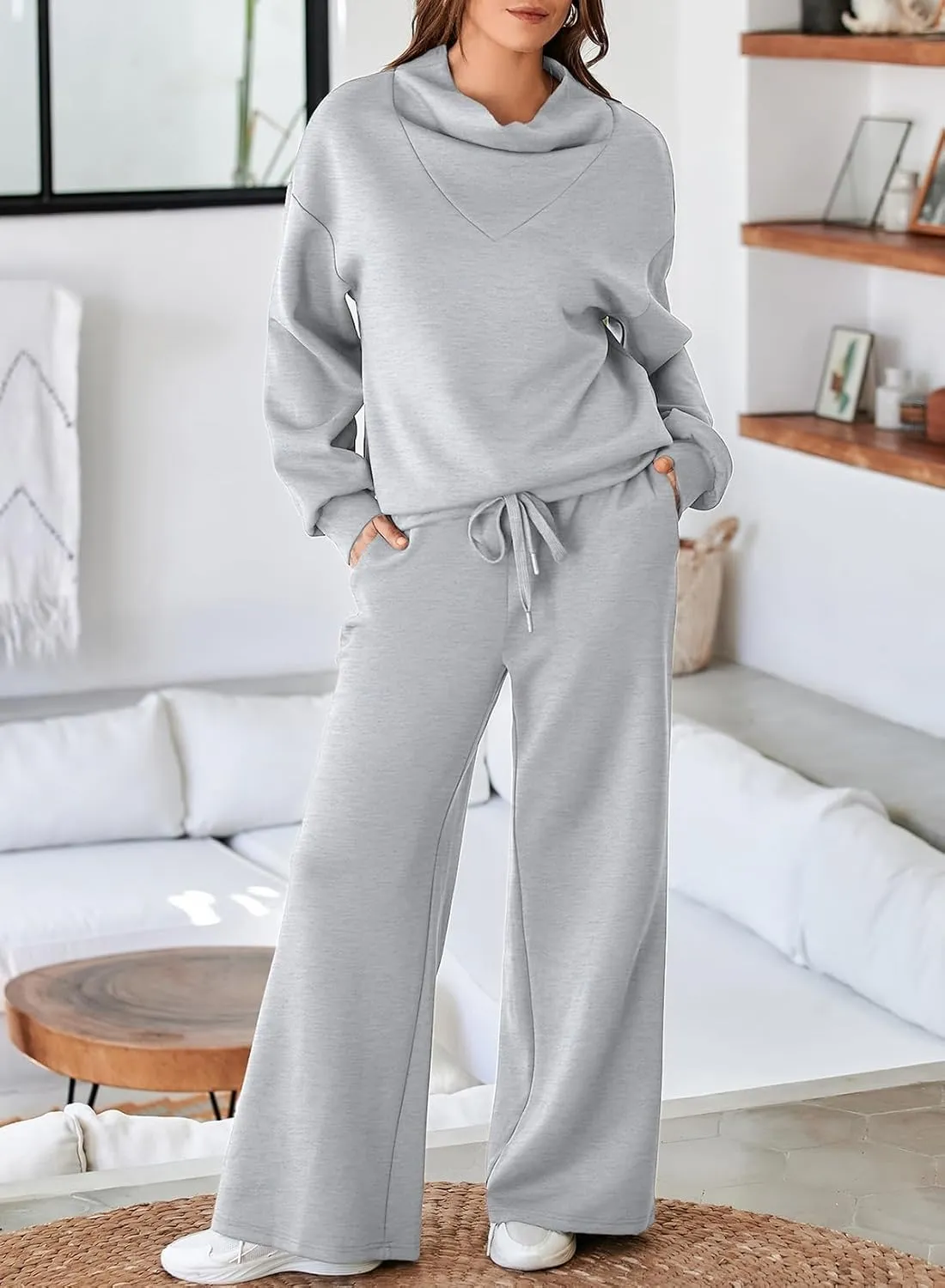 Aleumdr Women's 2 Piece Outfits Lounge Set Mock Neck Long Sleeve Sweatshirt With Wide Leg Pants Sweatsuit Fall 2025