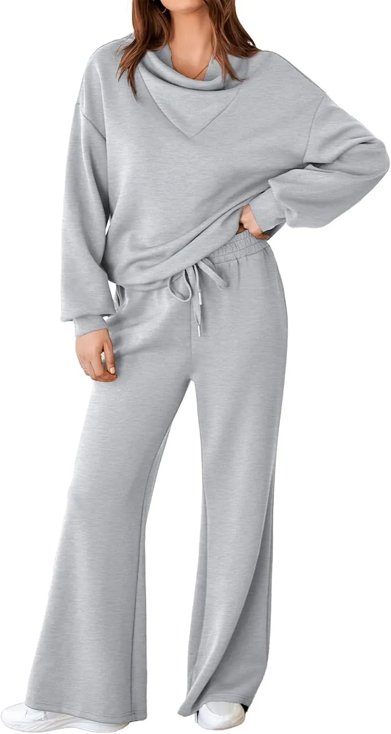 Aleumdr Women's 2 Piece Outfits Lounge Set Mock Neck Long Sleeve Sweatshirt With Wide Leg Pants Sweatsuit Fall 2025