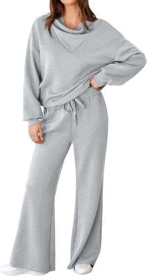 Aleumdr Women's 2 Piece Outfits Lounge Set Mock Neck Long Sleeve Sweatshirt With Wide Leg Pants Sweatsuit Fall 2025