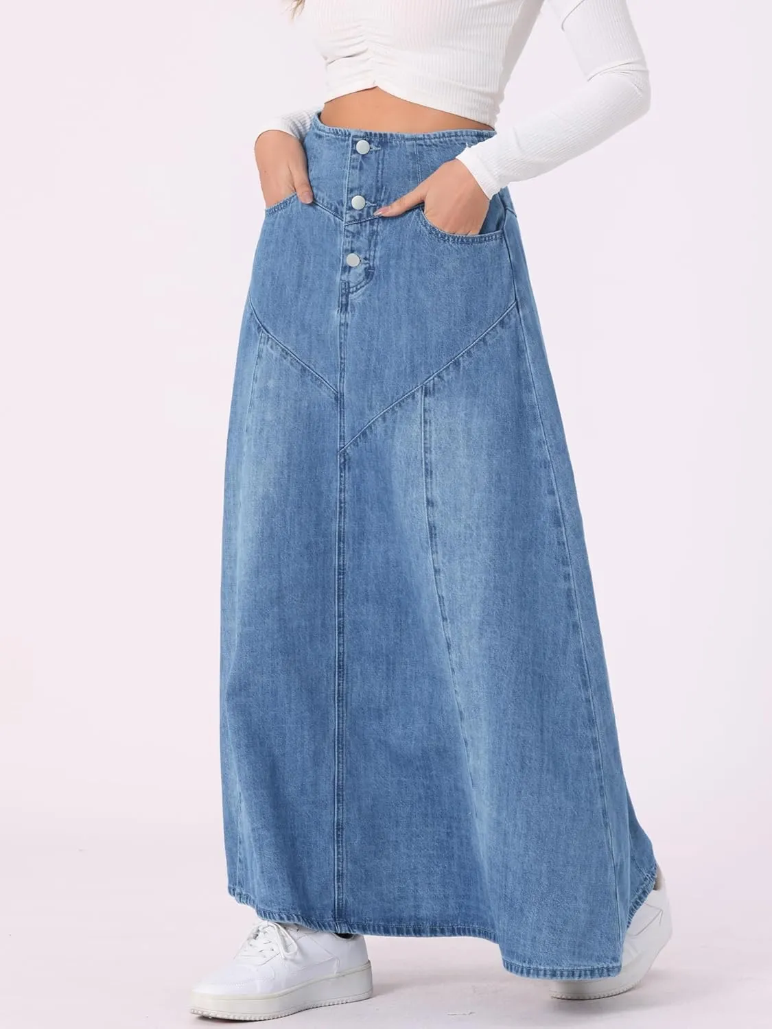Allegra K Casual Denim Skirt for Women's High Waisted A-Line Flared Maxi Skirts