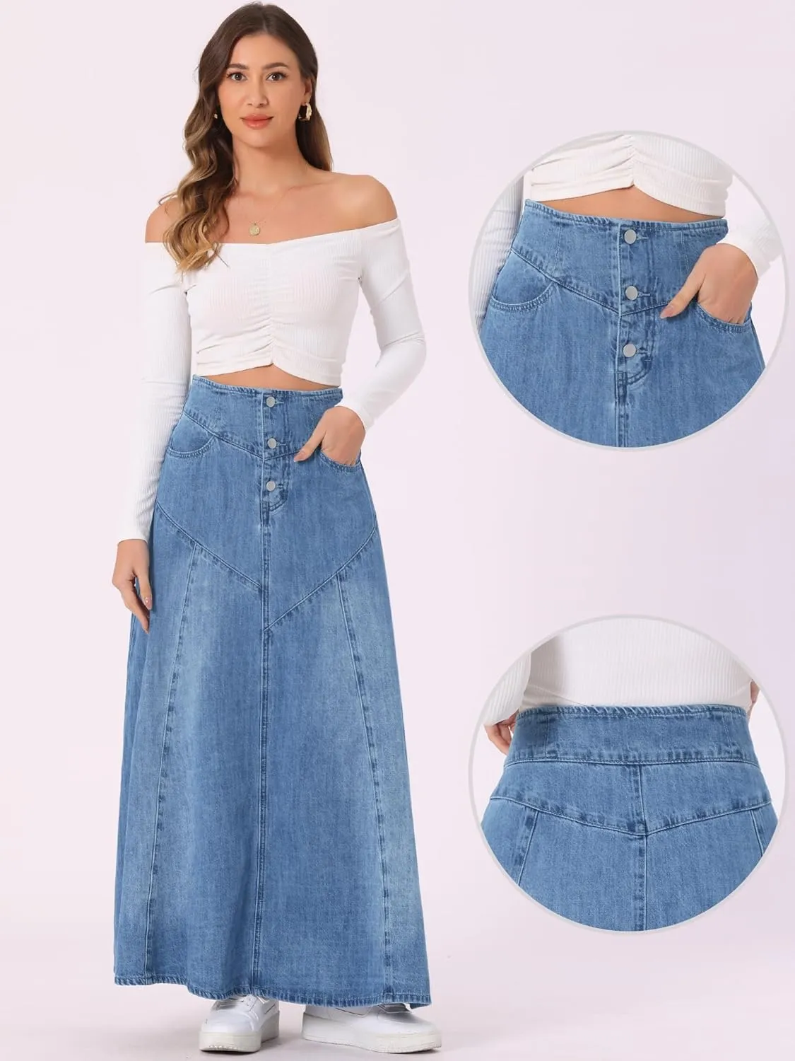 Allegra K Casual Denim Skirt for Women's High Waisted A-Line Flared Maxi Skirts