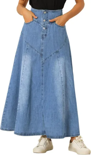 Allegra K Casual Denim Skirt for Women's High Waisted A-Line Flared Maxi Skirts