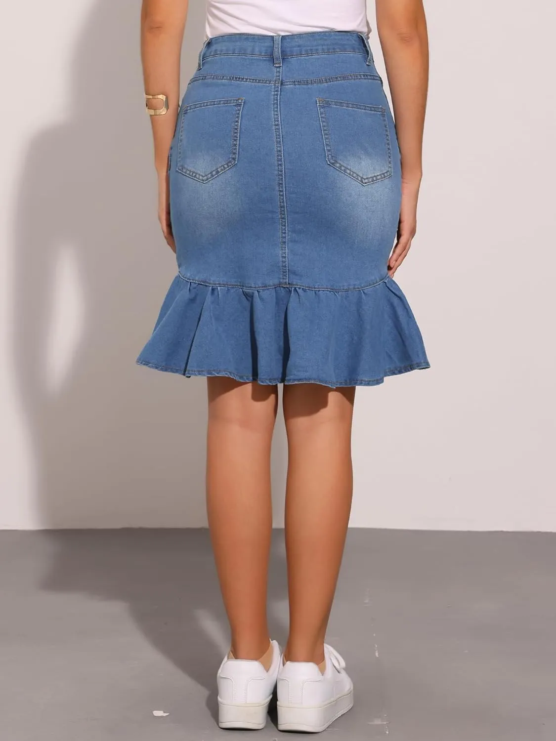 Allegra K Denim Skirt for Women's Bodycon Fishtails Ruffled Knee Length Jean Skirt