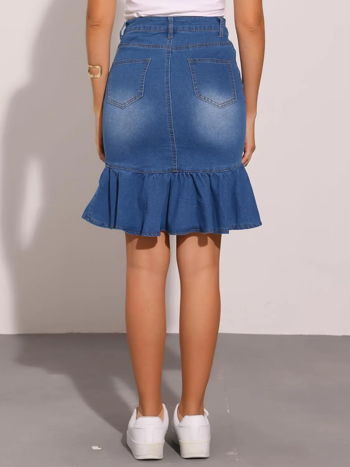 Allegra K Denim Skirt for Women's Bodycon Fishtails Ruffled Knee Length Jean Skirt