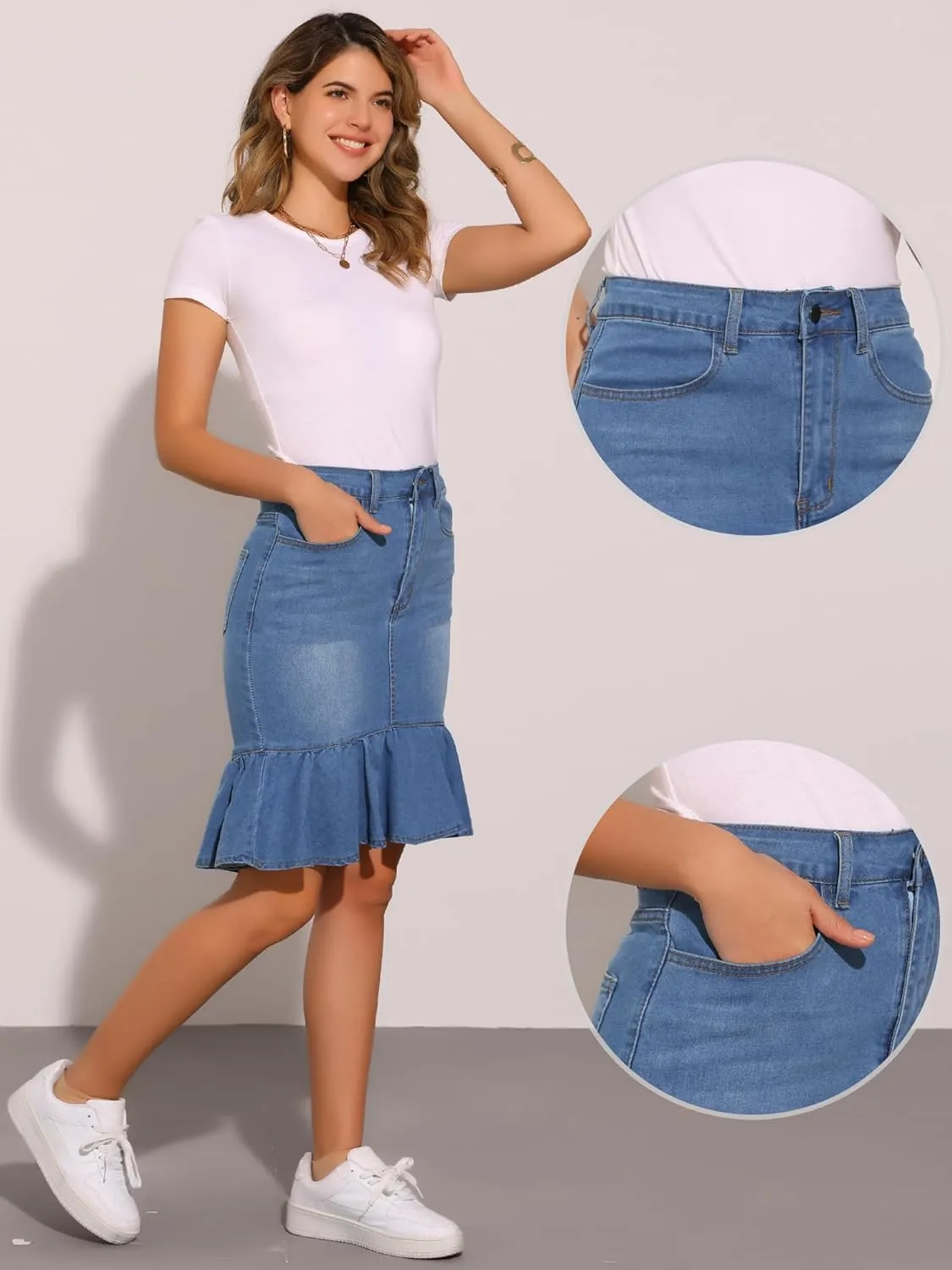 Allegra K Denim Skirt for Women's Bodycon Fishtails Ruffled Knee Length Jean Skirt