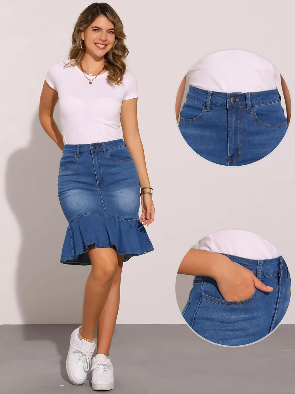 Allegra K Denim Skirt for Women's Bodycon Fishtails Ruffled Knee Length Jean Skirt