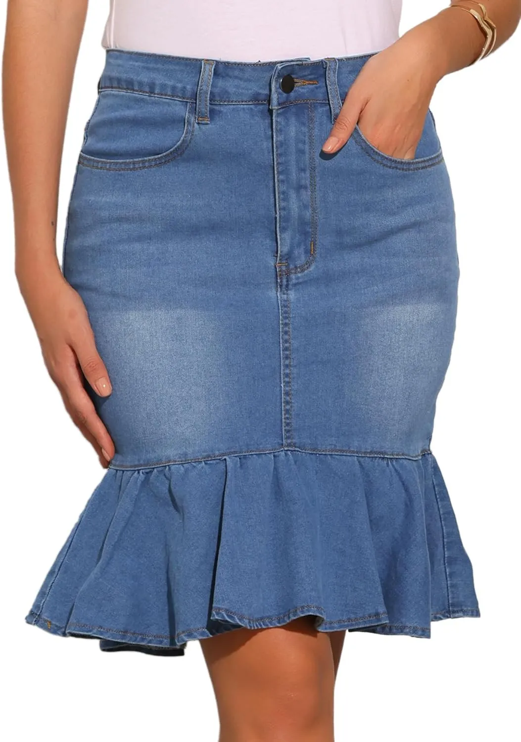 Allegra K Denim Skirt for Women's Bodycon Fishtails Ruffled Knee Length Jean Skirt