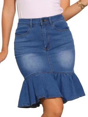 Allegra K Denim Skirt for Women's Bodycon Fishtails Ruffled Knee Length Jean Skirt