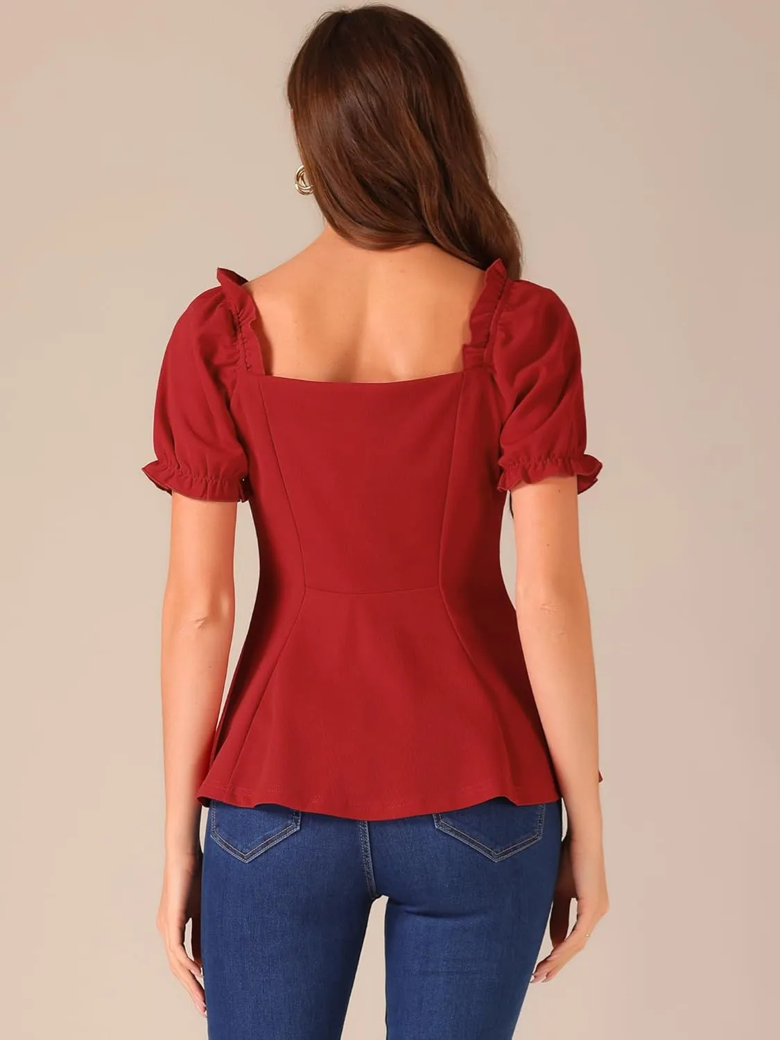 Allegra K Peplum Top for Women's Elegant Ruffles Puff Sleeve Sweetheart Neck Blouse