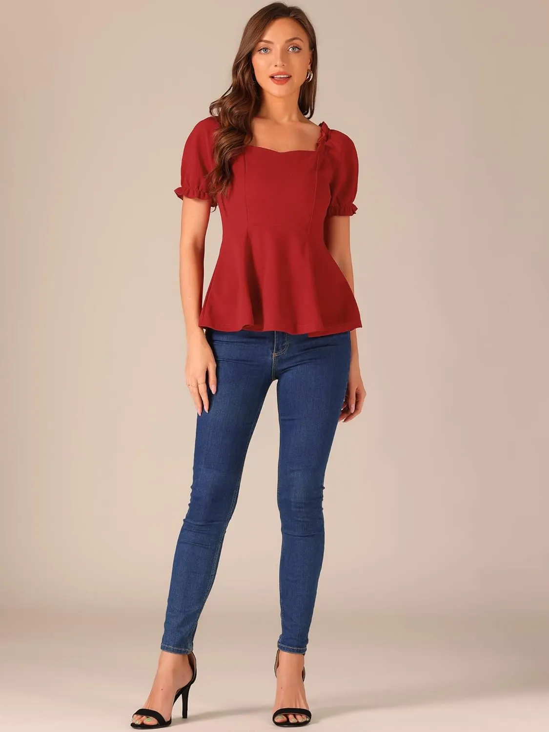 Allegra K Peplum Top for Women's Elegant Ruffles Puff Sleeve Sweetheart Neck Blouse