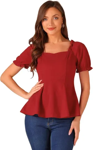 Allegra K Peplum Top for Women's Elegant Ruffles Puff Sleeve Sweetheart Neck Blouse