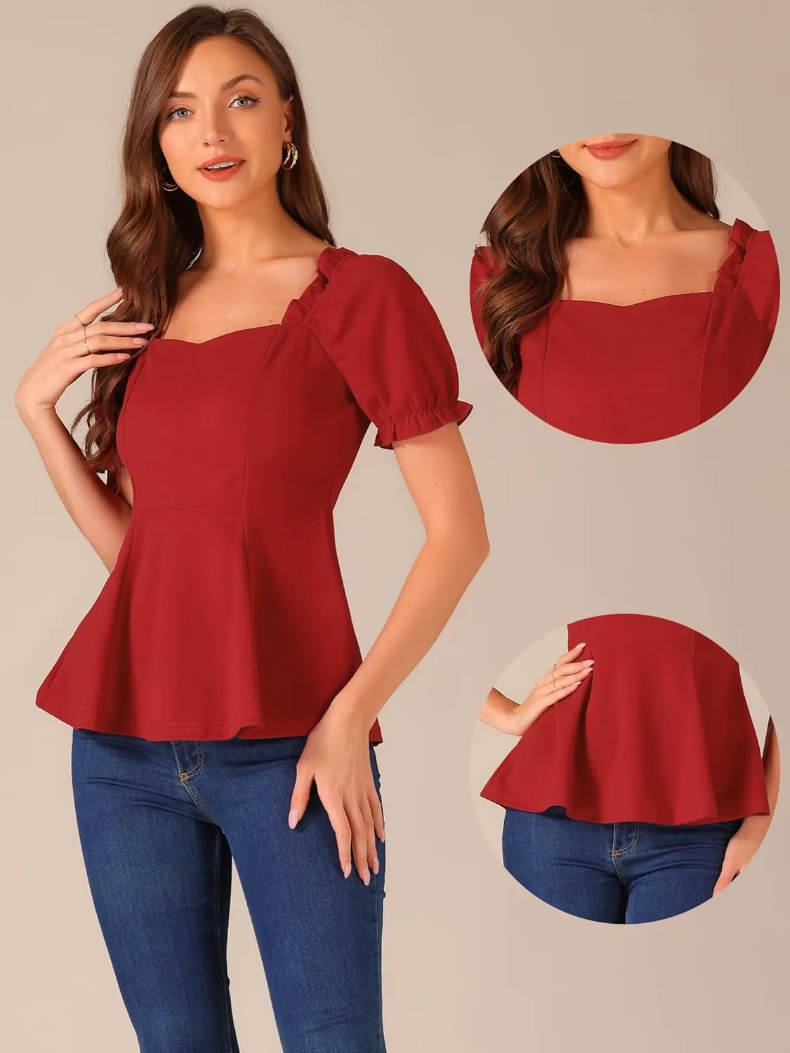 Allegra K Peplum Top for Women's Elegant Ruffles Puff Sleeve Sweetheart Neck Blouse