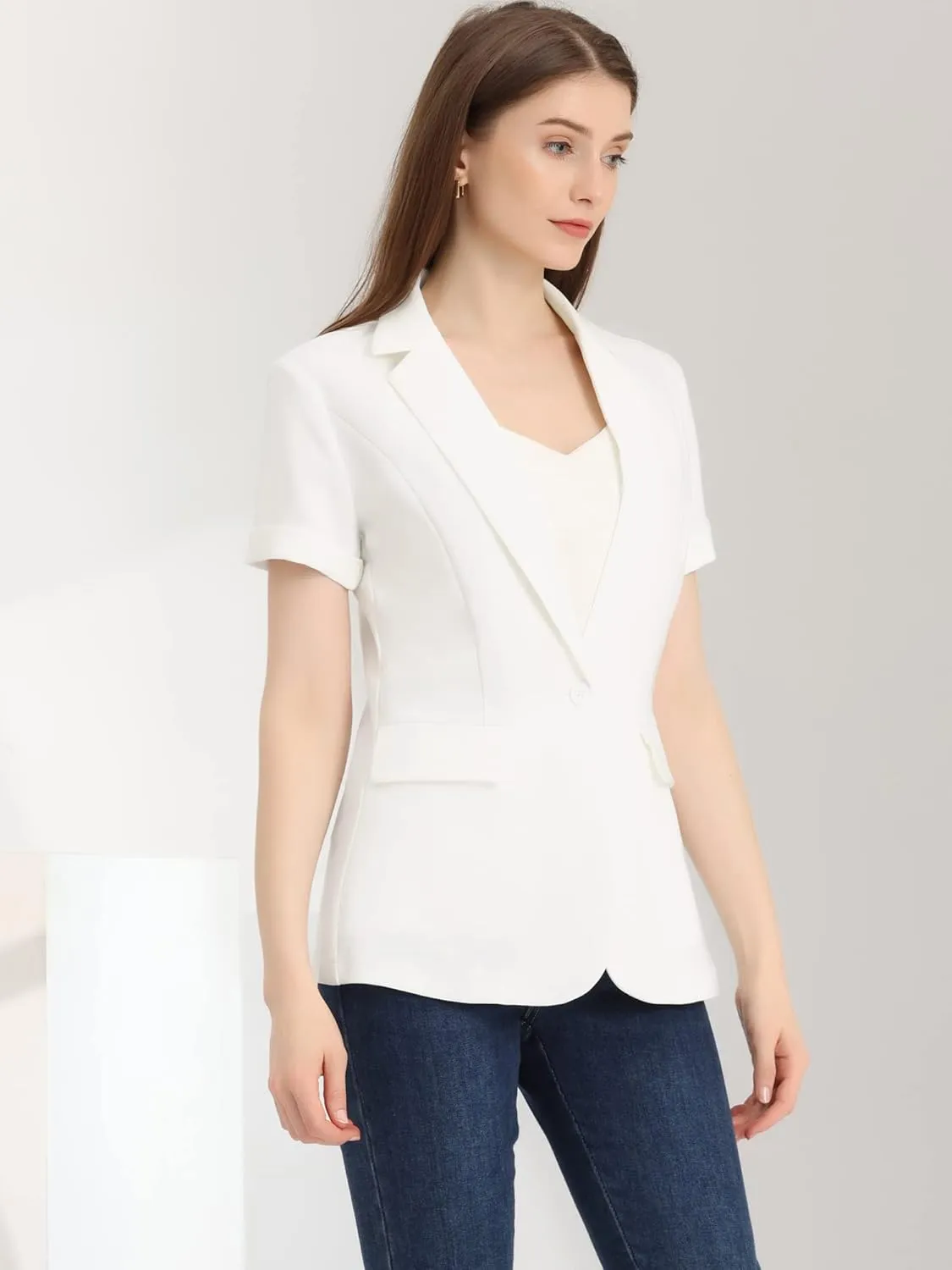 Allegra K Women's 1 Button Blazer Jacket Office Business Short Sleeve Blazer