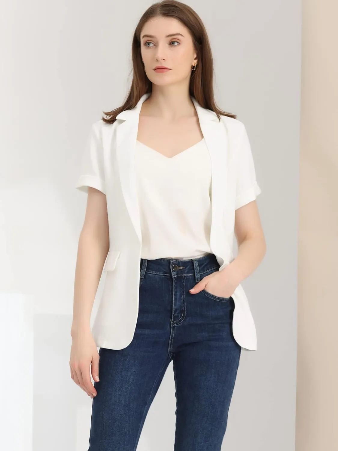 Allegra K Women's 1 Button Blazer Jacket Office Business Short Sleeve Blazer