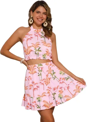 Allegra K Women's 2 Piece Outfits Floral Halter Neck Sleeveless Crop Top with Short Skirt Set