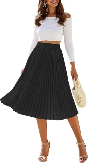 Amoretu Womens Flowy Skirt Accordion Pleated Skirt Swing Beach Skirts, Black L