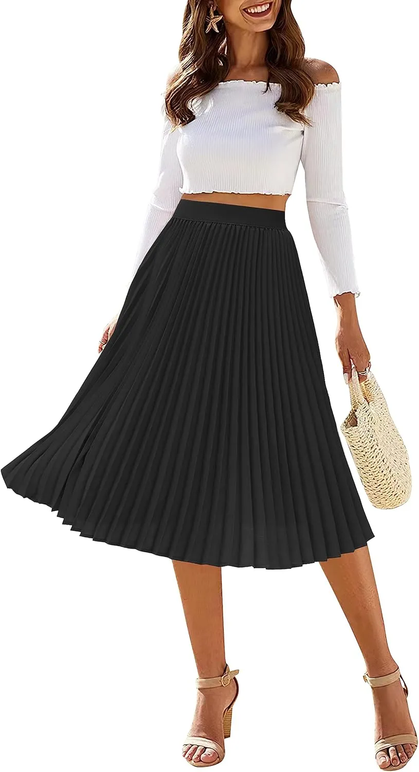 Amoretu Womens Flowy Skirt Accordion Pleated Skirt Swing Beach Skirts, Black L