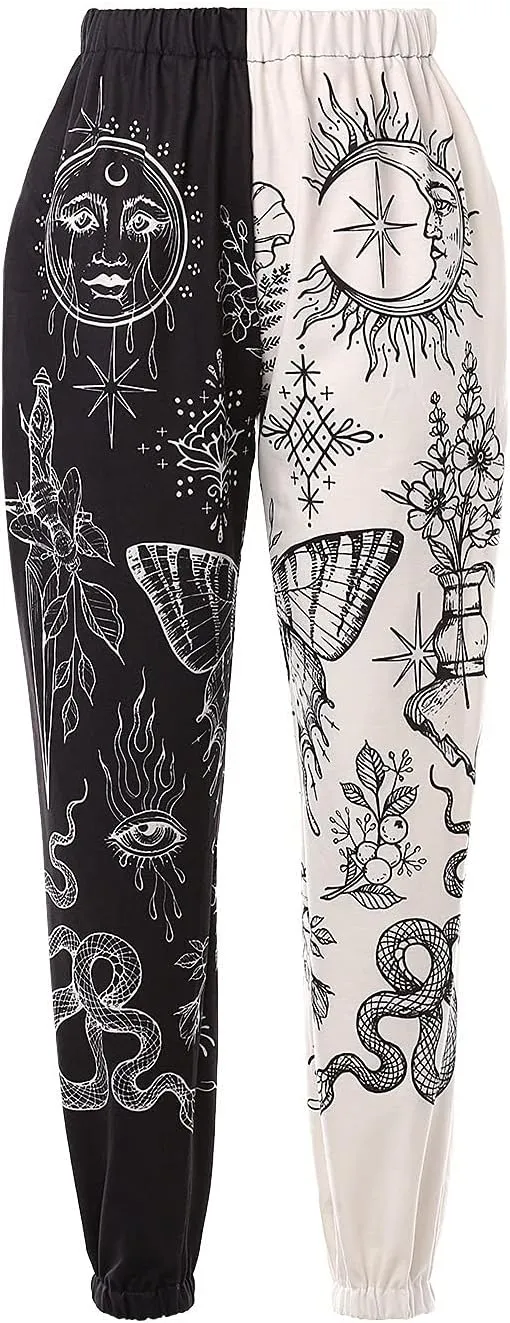 Amuver Women's Boho Hippie Harem Pants High Smocked Waist Printed Patchwork Sweatpants Yoga 90S Goth Baggy Casual Trousers