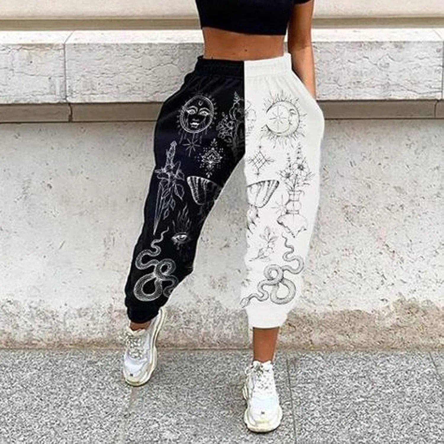 Amuver Women's Boho Hippie Harem Pants High Smocked Waist Printed Patchwork Sweatpants Yoga 90S Goth Baggy Casual Trousers
