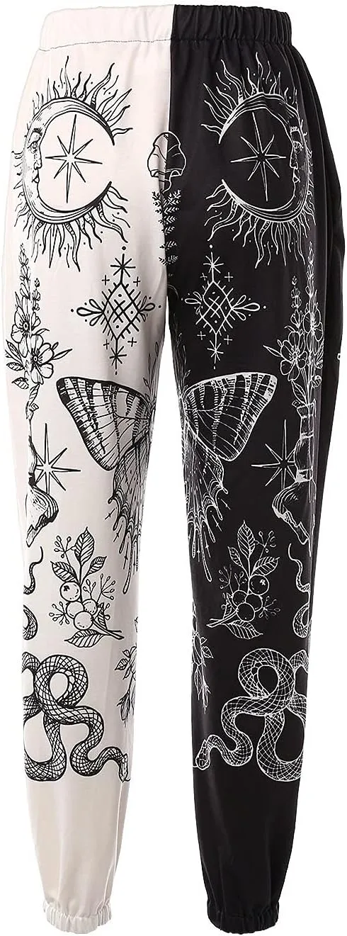 Amuver Women's Boho Hippie Harem Pants High Smocked Waist Printed Patchwork Sweatpants Yoga 90S Goth Baggy Casual Trousers