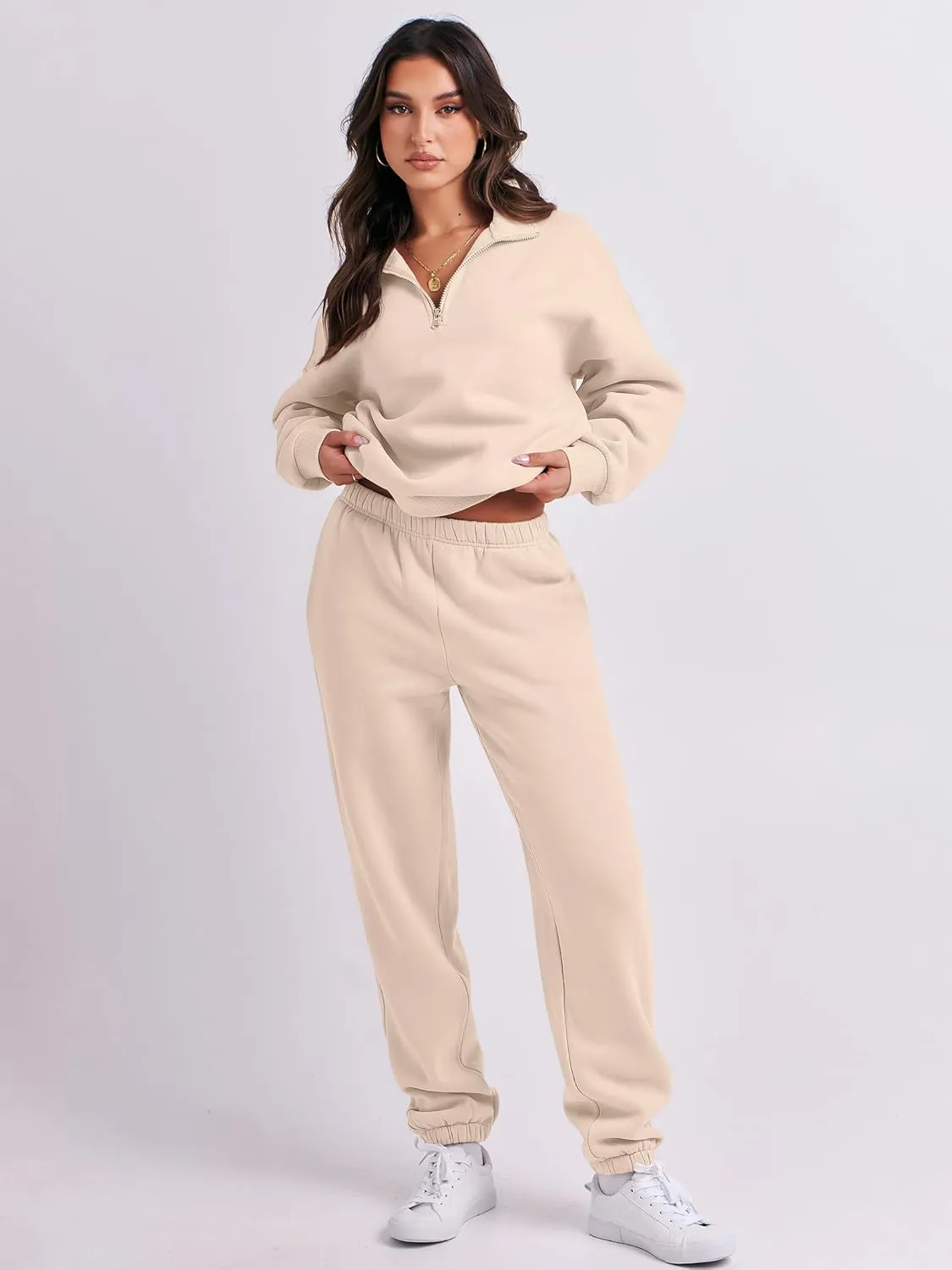 ANRABESS Women 2 Piece Outfits Sweatsuit Oversized Half Zip Sweatshirt Jogger Sweatpants Tracksuit Lounge Set 2024 Clothes