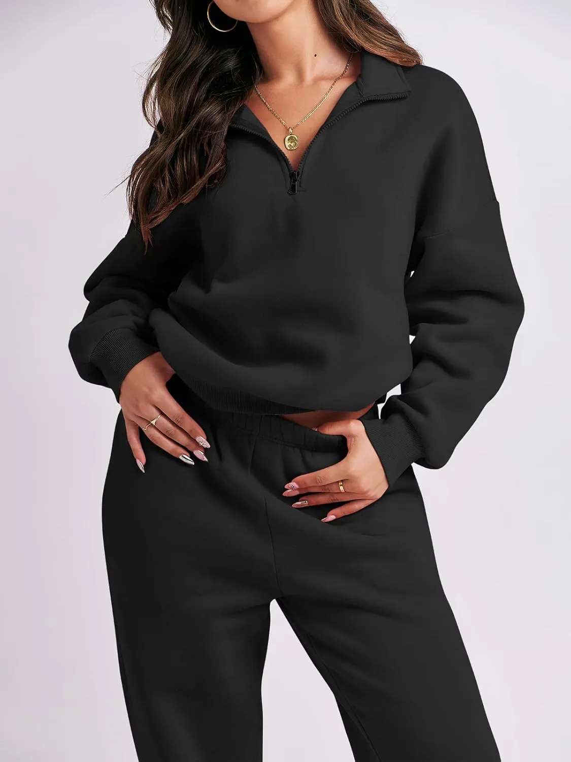 ANRABESS Women 2 Piece Outfits Sweatsuit Oversized Half Zip Sweatshirt Jogger Sweatpants Tracksuit Lounge Set 2024 Clothes