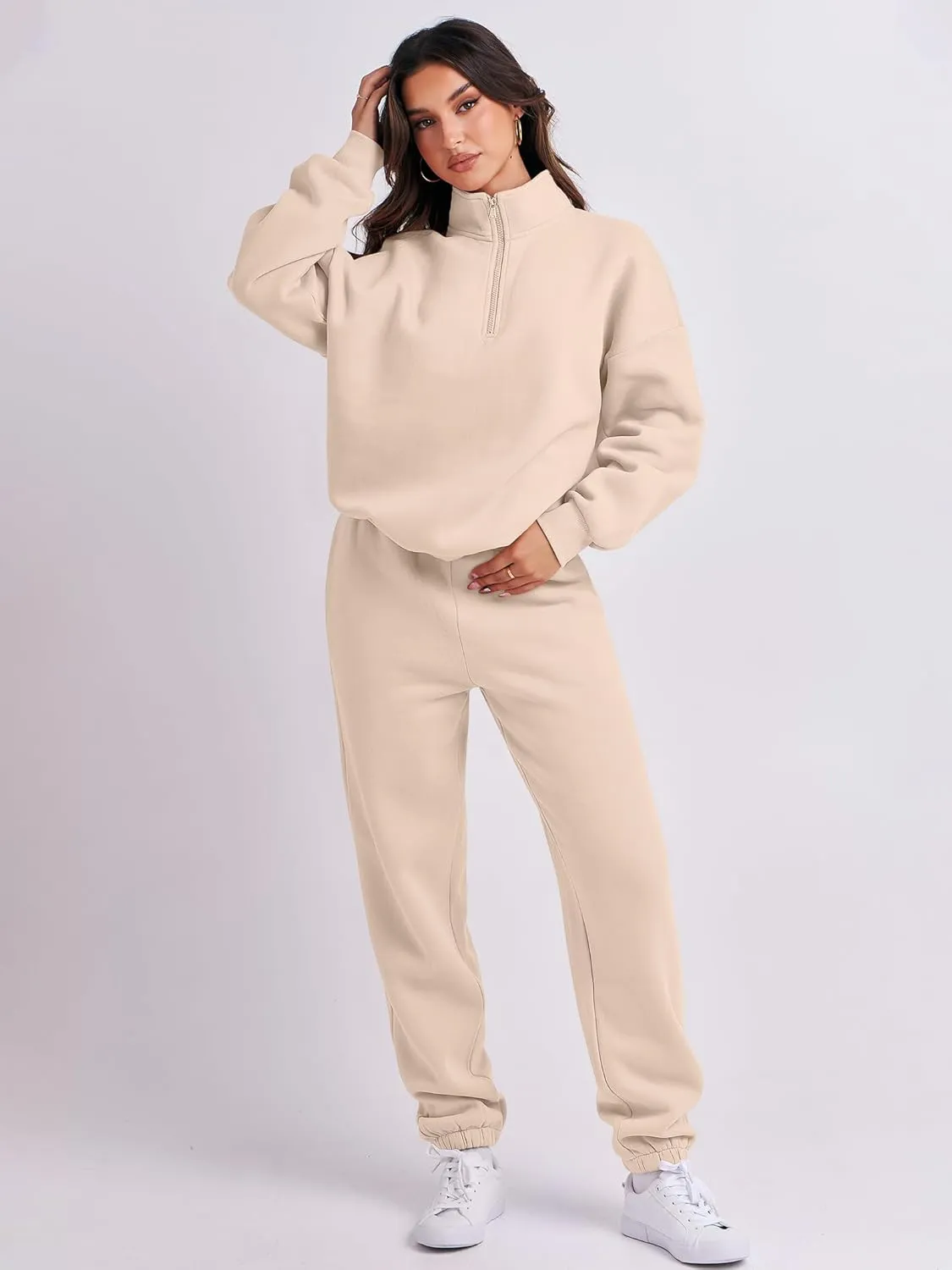ANRABESS Women 2 Piece Outfits Sweatsuit Oversized Half Zip Sweatshirt Jogger Sweatpants Tracksuit Lounge Set 2024 Clothes