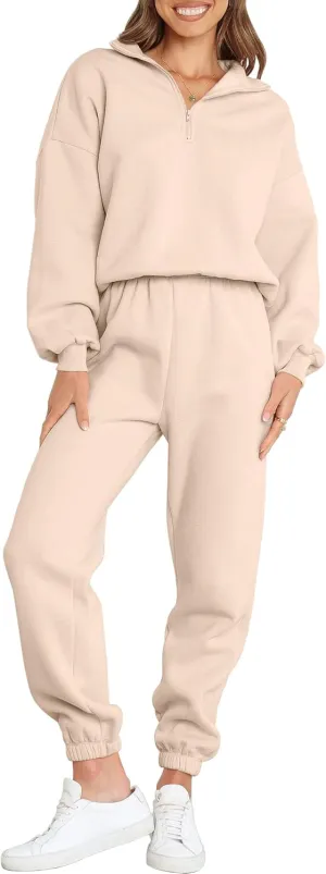 ANRABESS Women 2 Piece Outfits Sweatsuit Oversized Half Zip Sweatshirt Jogger Sweatpants Tracksuit Lounge Set 2024 Clothes