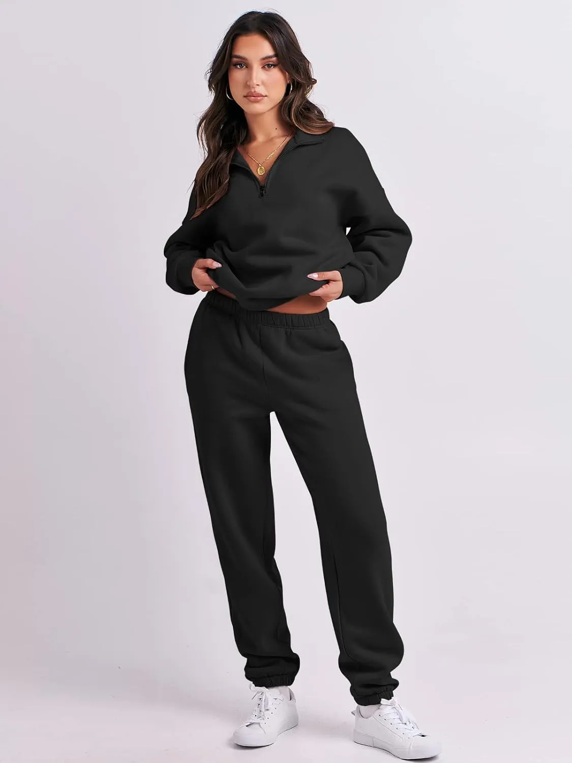 ANRABESS Women 2 Piece Outfits Sweatsuit Oversized Half Zip Sweatshirt Jogger Sweatpants Tracksuit Lounge Set 2024 Clothes