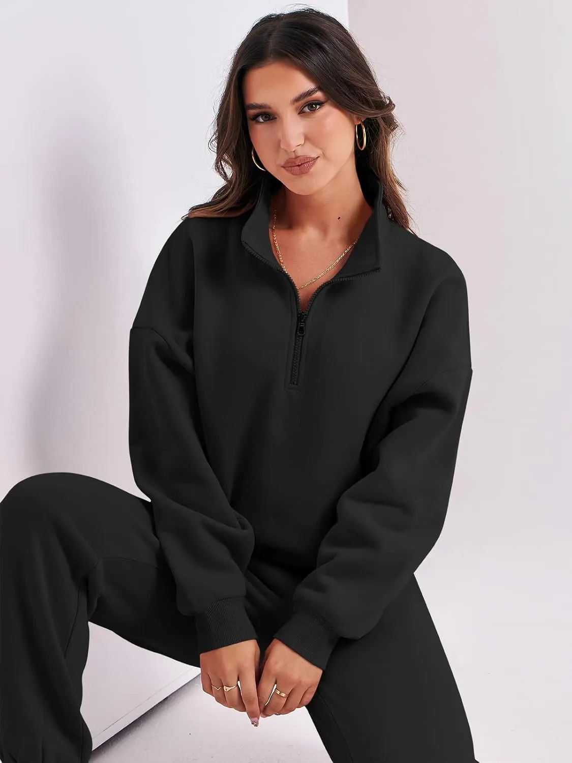 ANRABESS Women 2 Piece Outfits Sweatsuit Oversized Half Zip Sweatshirt Jogger Sweatpants Tracksuit Lounge Set 2024 Clothes