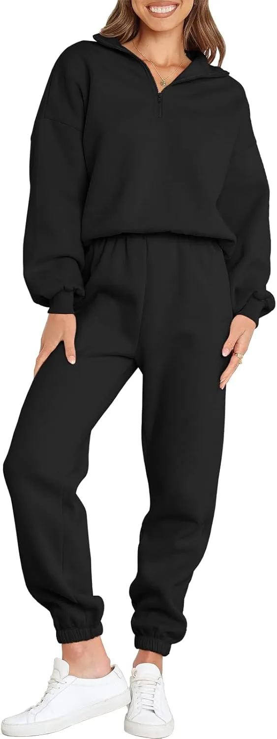 ANRABESS Women 2 Piece Outfits Sweatsuit Oversized Half Zip Sweatshirt Jogger Sweatpants Tracksuit Lounge Set 2024 Clothes