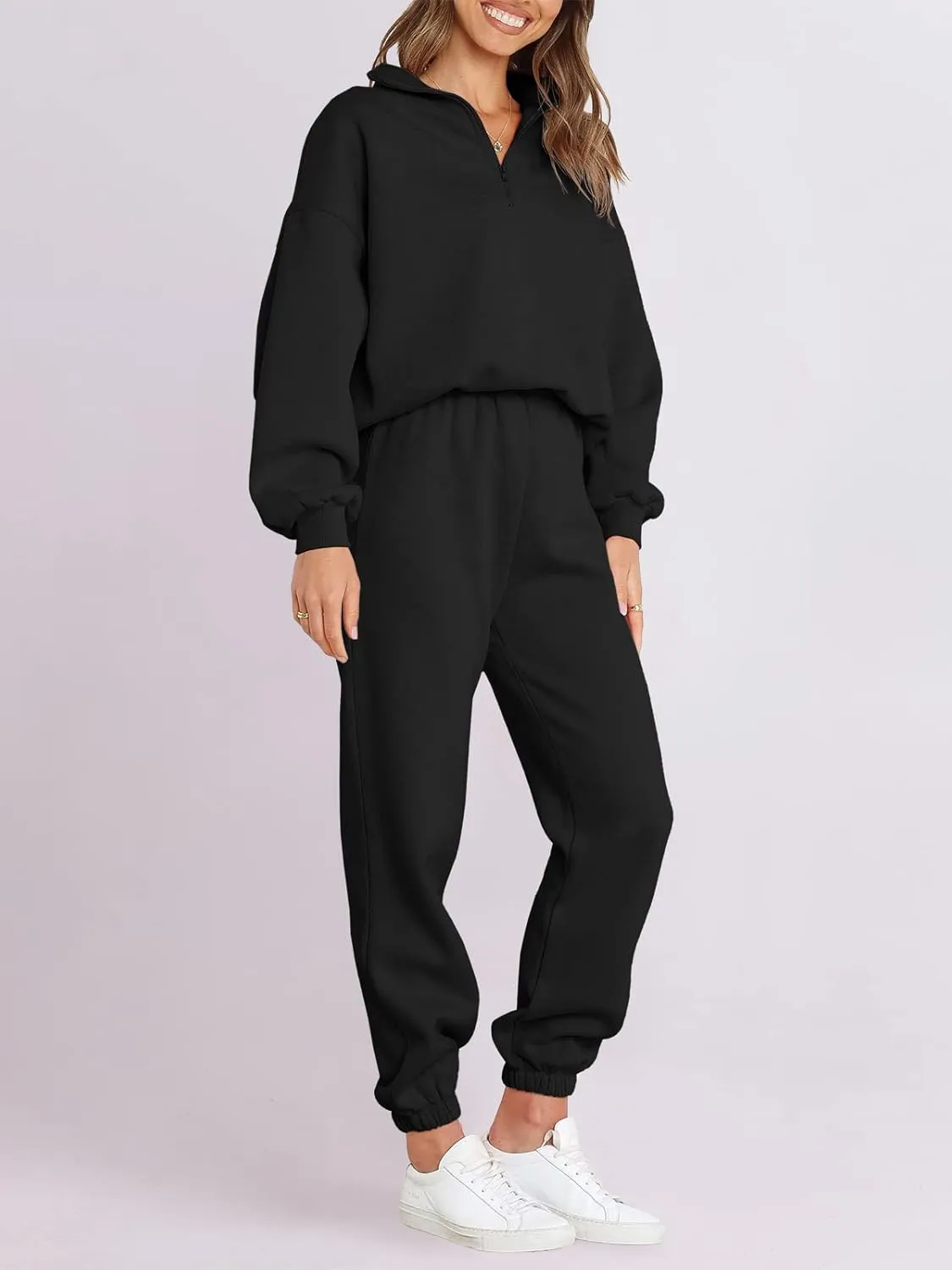 ANRABESS Women 2 Piece Outfits Sweatsuit Oversized Half Zip Sweatshirt Jogger Sweatpants Tracksuit Lounge Set 2024 Clothes