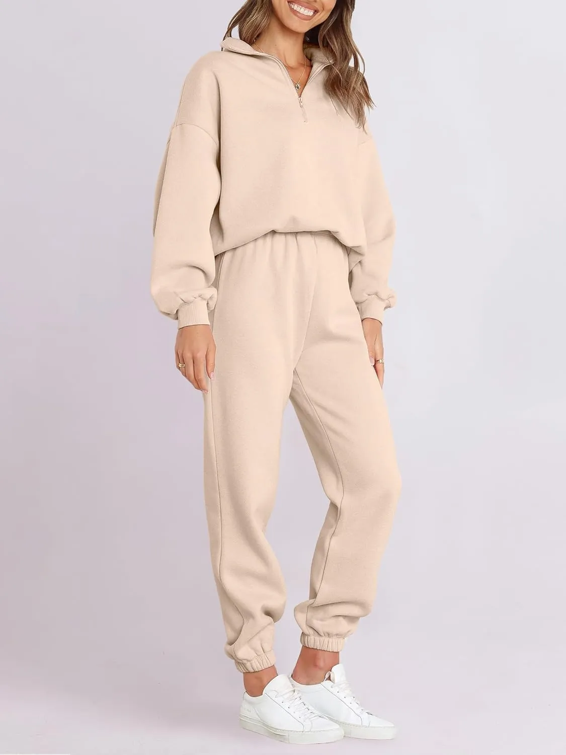 ANRABESS Women 2 Piece Outfits Sweatsuit Oversized Half Zip Sweatshirt Jogger Sweatpants Tracksuit Lounge Set 2024 Clothes