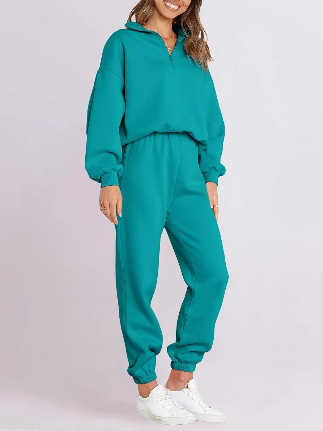 ANRABESS Women 2 Piece Outfits Sweatsuit Oversized Half Zip Sweatshirt Jogger Sweatpants Tracksuit Lounge Set 2024 Clothes