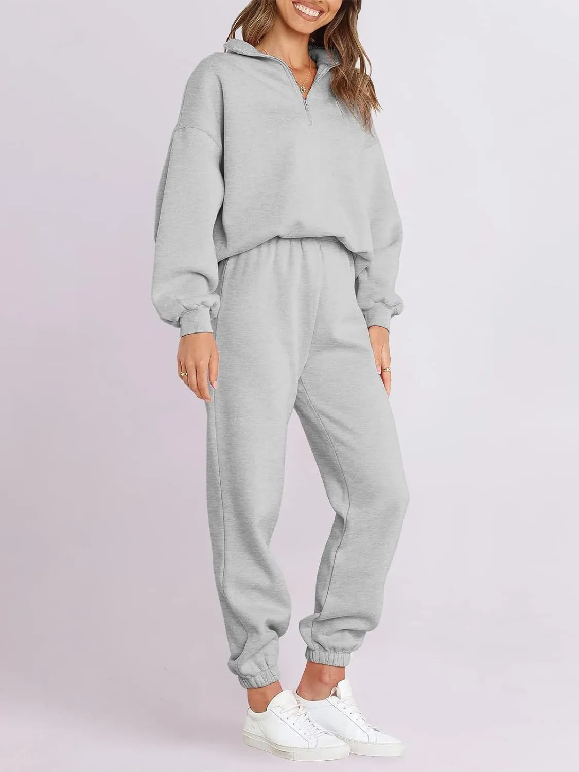 ANRABESS Women 2 Piece Outfits Sweatsuit Oversized Half Zip Sweatshirt Jogger Sweatpants Tracksuit Lounge Set 2025 Clothes