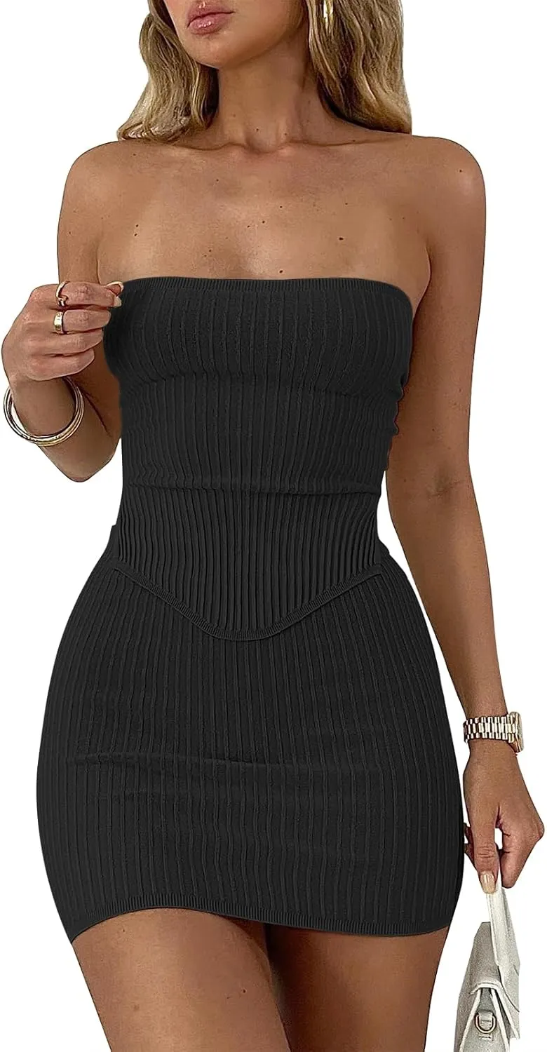 ANRABESS Women 2 Piece Skirt Sets Summer Strapless Crop Top Matching Bodycon Sexy Going Out Mini Club Dress Outfit Clothes